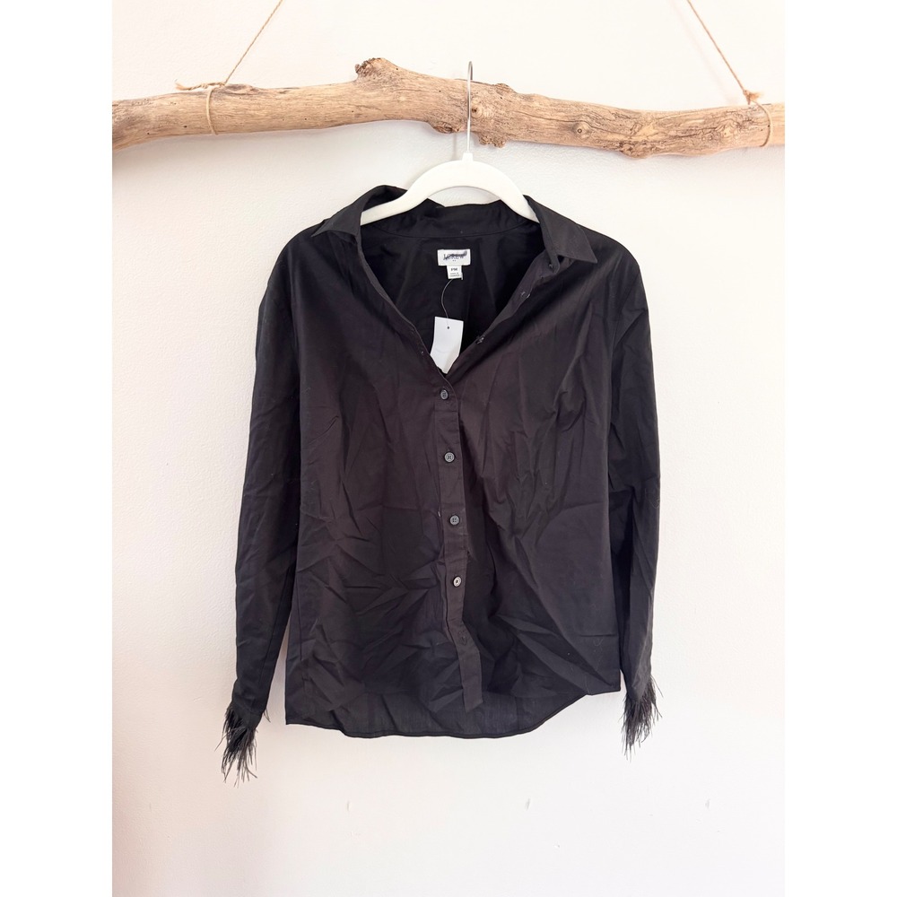 J.Crew Black Feather Trim Cuff Button Down Shirt Petite Medium CE440 NWT